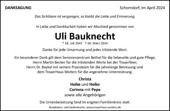 Traueranzeige von Uli Bauknecht von Waiblinger Kreiszeitung