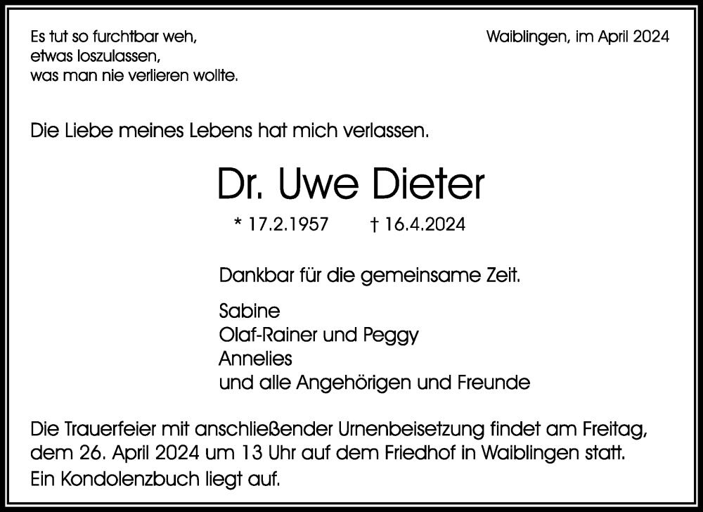  Traueranzeige für Uwe Dieter vom 19.04.2024 aus Waiblinger Kreiszeitung