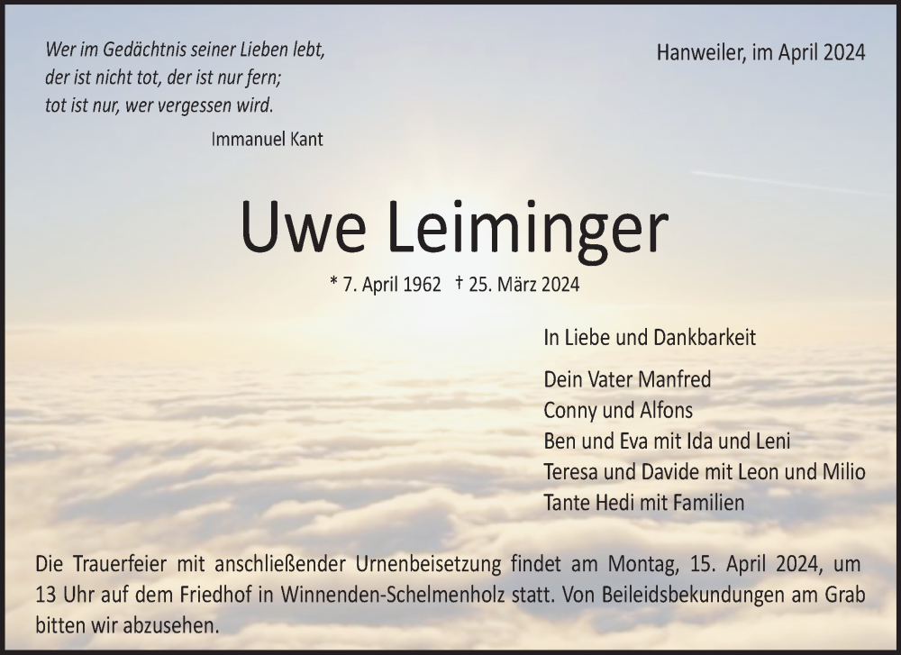  Traueranzeige für Uwe Leiminger vom 05.04.2024 aus Waiblinger Kreiszeitung