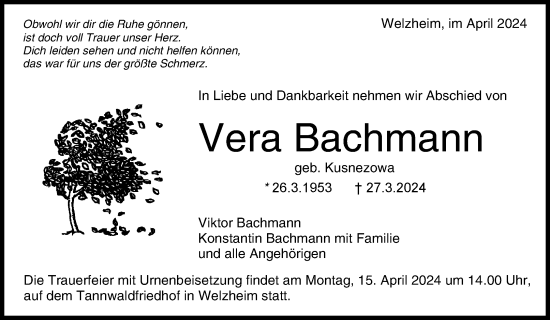 Traueranzeige von Vera Bachmann von Waiblinger Kreiszeitung