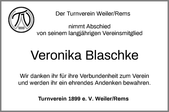 Traueranzeige von Veronika Blaschke von Waiblinger Kreiszeitung