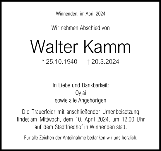 Traueranzeige von Walter Kamm von Waiblinger Kreiszeitung