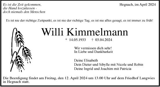 Traueranzeige von Willi Kimmelmann von Waiblinger Kreiszeitung