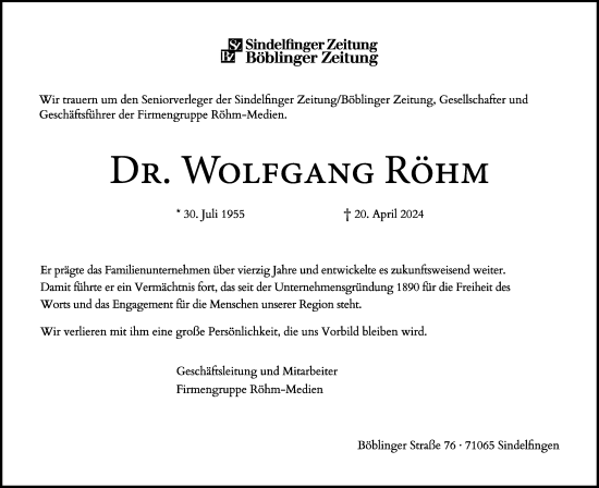 Traueranzeige von Wolfgang Röhm von Waiblinger Kreiszeitung