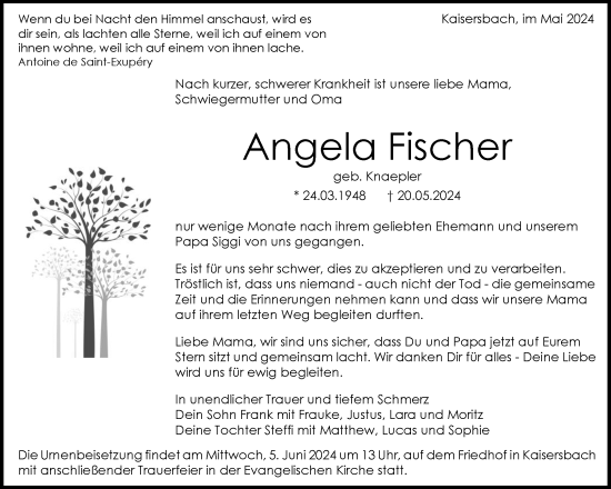 Traueranzeige von Angela Fischer von Waiblinger Kreiszeitung