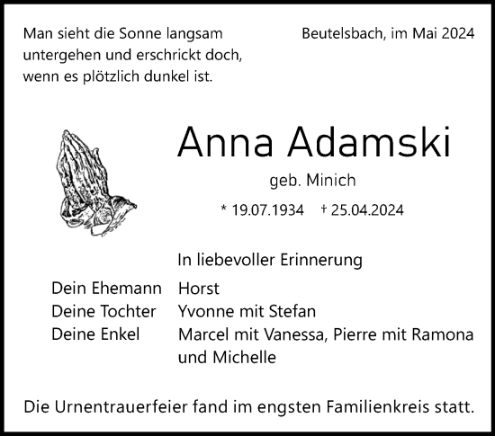 Traueranzeige von Anna Adamski von Waiblinger Kreiszeitung