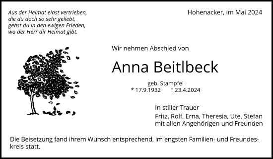 Traueranzeige von Anna Beitlbeck von Waiblinger Kreiszeitung