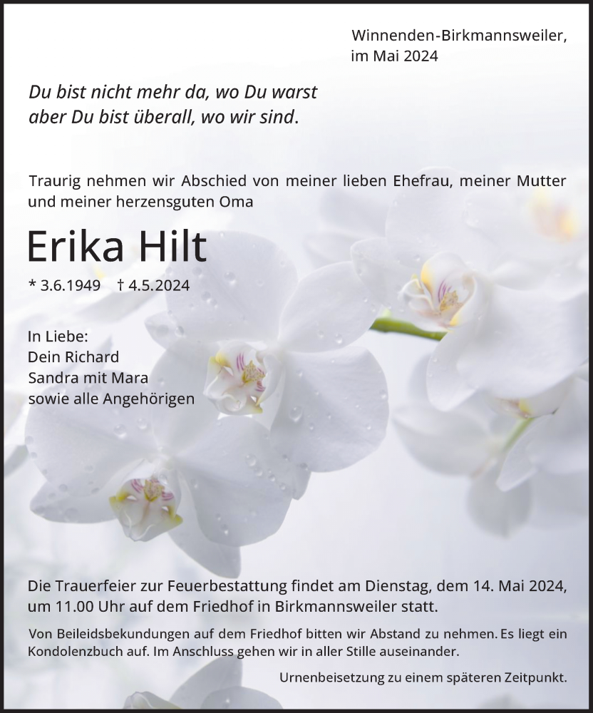  Traueranzeige für Erika Hilt vom 08.05.2024 aus Waiblinger Kreiszeitung