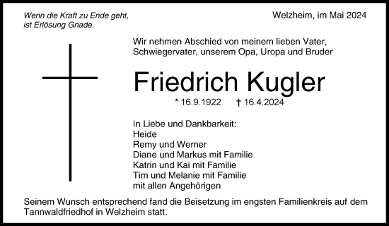 Traueranzeige von Friedrich Kugler von Waiblinger Kreiszeitung