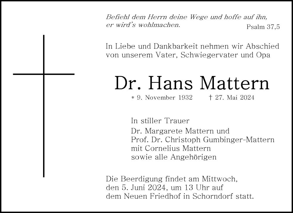  Traueranzeige für Hans Mattern vom 29.05.2024 aus Waiblinger Kreiszeitung