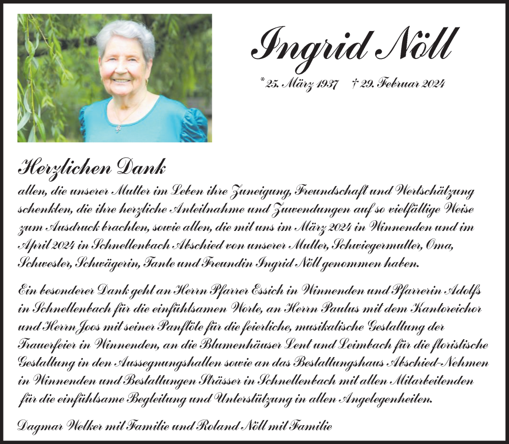  Traueranzeige für Ingrid Nöll vom 25.05.2024 aus Waiblinger Kreiszeitung