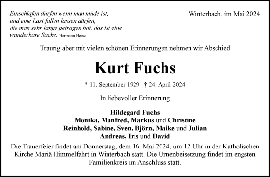Traueranzeige von Kurt Fuchs von Waiblinger Kreiszeitung