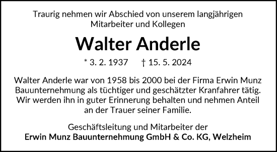 Traueranzeige von Walter Anderle von Waiblinger Kreiszeitung