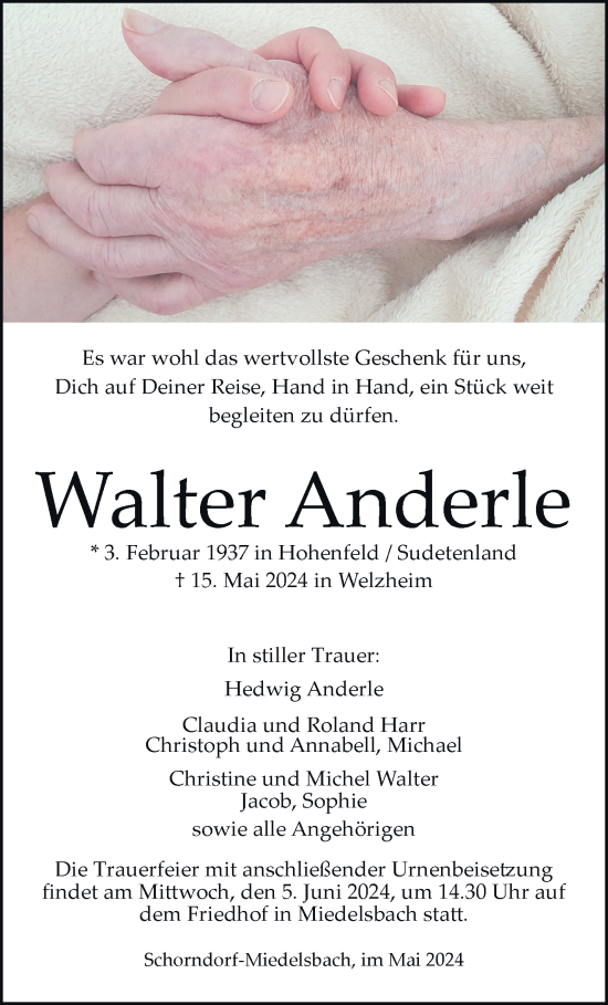 Traueranzeige von Walter Anderle von Waiblinger Kreiszeitung