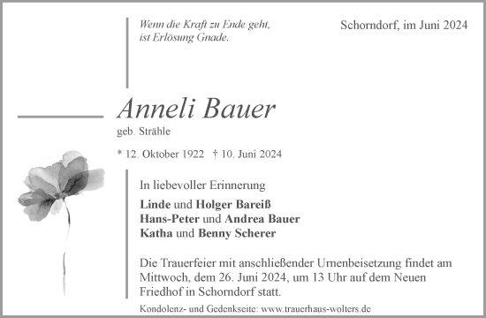 Traueranzeige von Anneli Bauer von Waiblinger Kreiszeitung