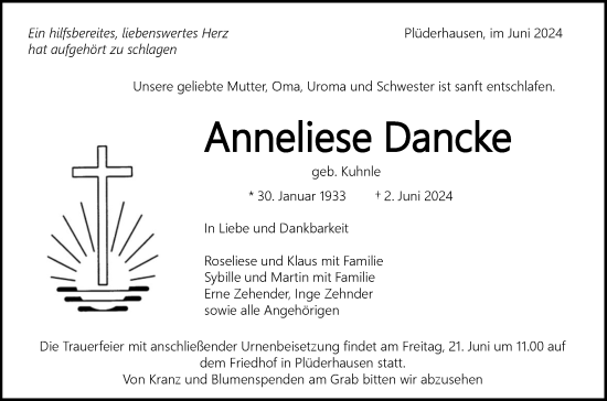 Traueranzeige von Anneliese Dancke von Waiblinger Kreiszeitung