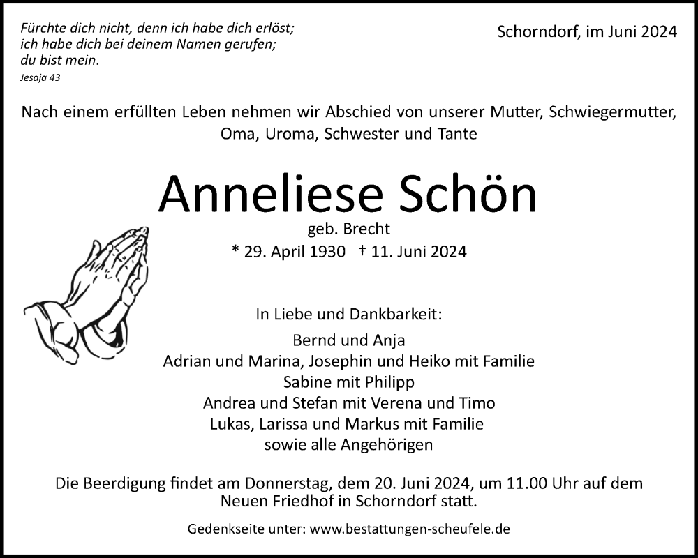  Traueranzeige für Anneliese Schön vom 15.06.2024 aus Waiblinger Kreiszeitung