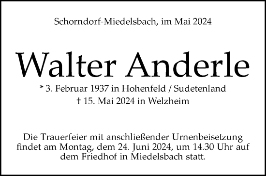 Traueranzeige von Walter Anderle von Waiblinger Kreiszeitung