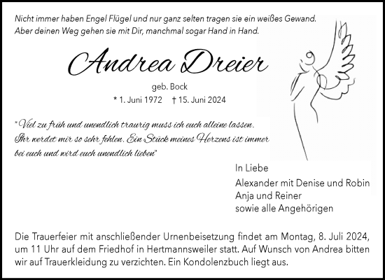 Traueranzeige von Andrea Dreier von Waiblinger Kreiszeitung