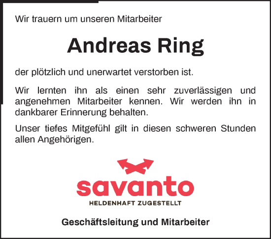 Traueranzeige von Andreas Ring von Waiblinger Kreiszeitung