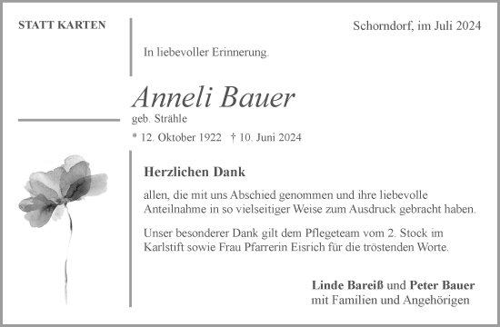 Traueranzeige von Anneli Bauer von Waiblinger Kreiszeitung