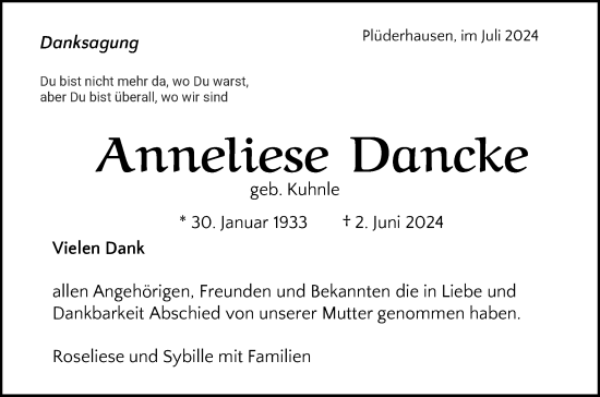 Traueranzeige von Anneliese Dancke von Waiblinger Kreiszeitung