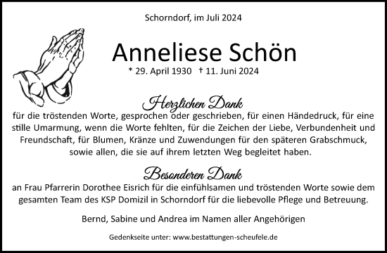 Traueranzeige von Anneliese Schön von Waiblinger Kreiszeitung