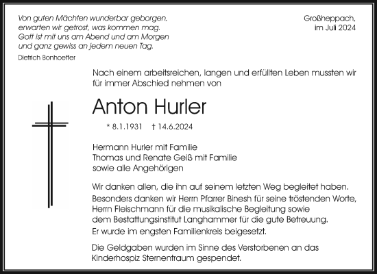 Traueranzeige von Anton Hurler von Waiblinger Kreiszeitung