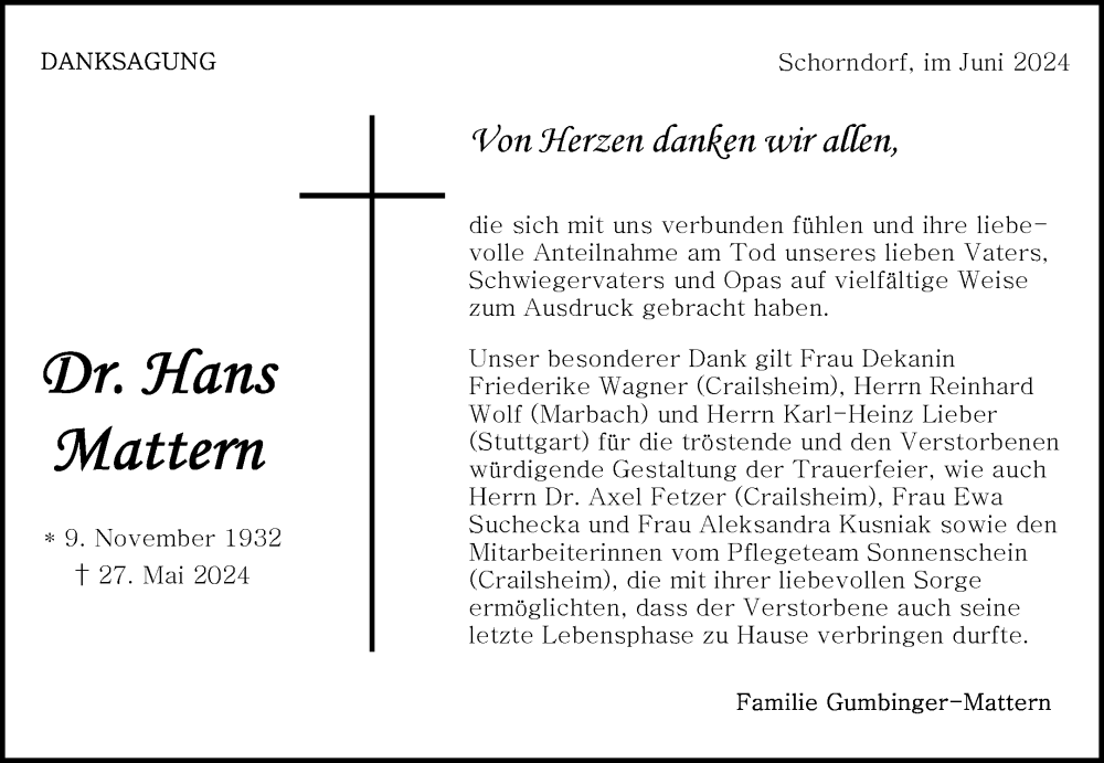  Traueranzeige für Hans Mattern vom 06.07.2024 aus Waiblinger Kreiszeitung