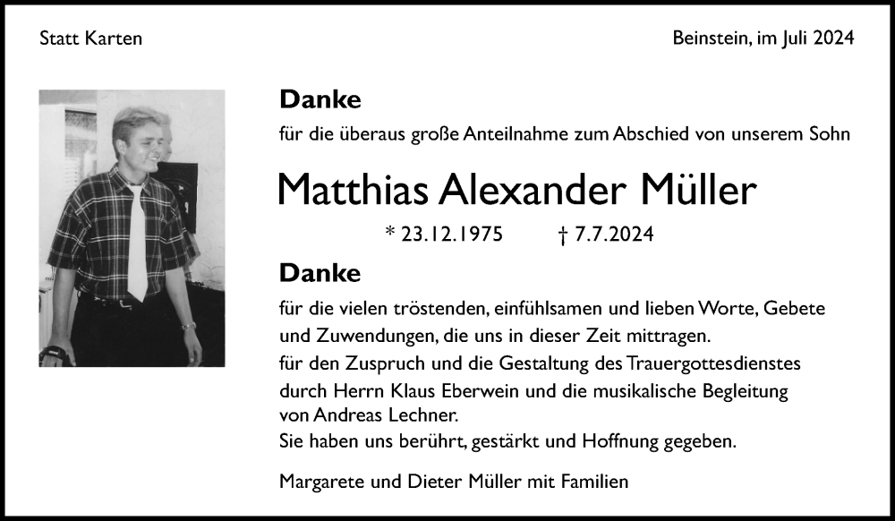  Traueranzeige für Matthias Alexander Müller vom 26.07.2024 aus Waiblinger Kreiszeitung