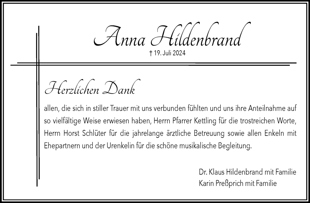  Traueranzeige für Anna Hildenbrand vom 19.08.2024 aus Waiblinger Kreiszeitung