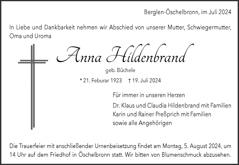  Traueranzeige für Anna Hildenbrand vom 29.07.2024 aus Waiblinger Kreiszeitung
