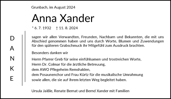 Traueranzeige von Anna Xander von Waiblinger Kreiszeitung