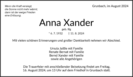 Traueranzeige von Anna Xander von Waiblinger Kreiszeitung