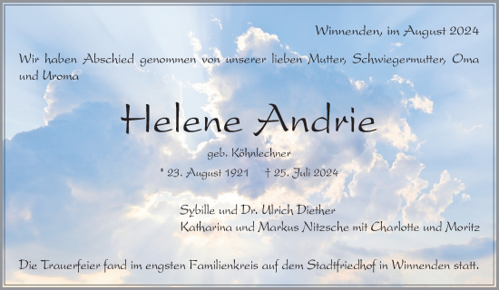 Traueranzeige von Helene Andrie von Waiblinger Kreiszeitung