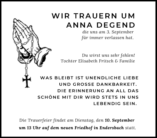 Traueranzeige von Anna Degen von Waiblinger Kreiszeitung