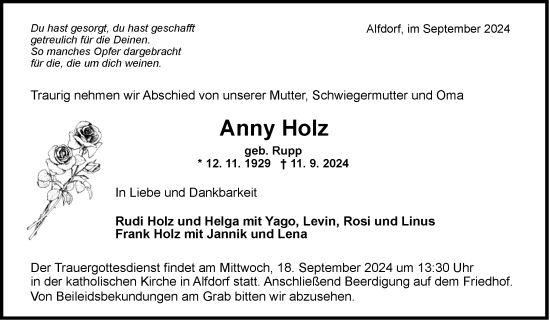 Traueranzeige von Anny Holz von Waiblinger Kreiszeitung