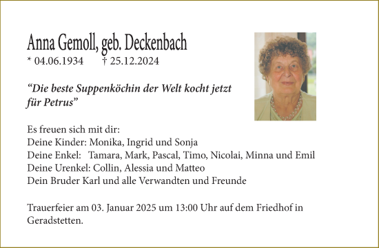 Traueranzeige von Anna Gemoll von Waiblinger Kreiszeitung