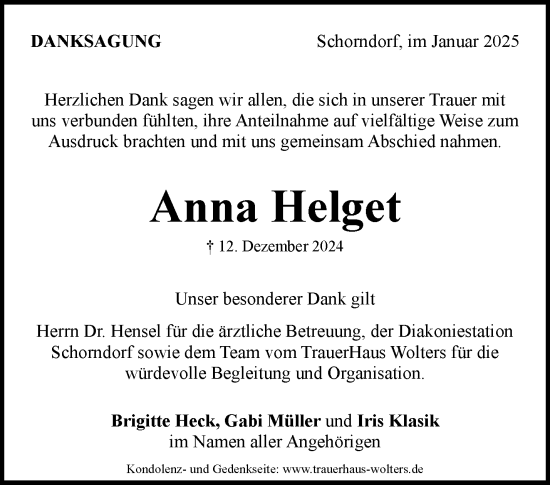 Traueranzeige von Anna Helget von Waiblinger Kreiszeitung