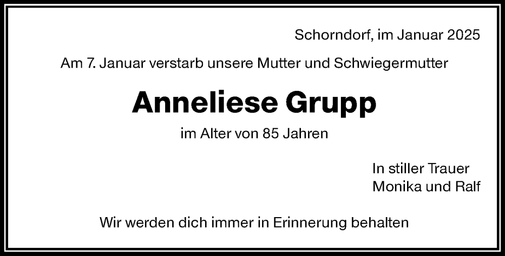  Traueranzeige für Anneliese Grupp vom 14.01.2025 aus Waiblinger Kreiszeitung
