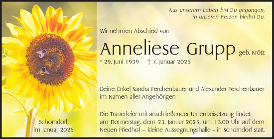 Traueranzeige von Anneliese Grupp von Waiblinger Kreiszeitung