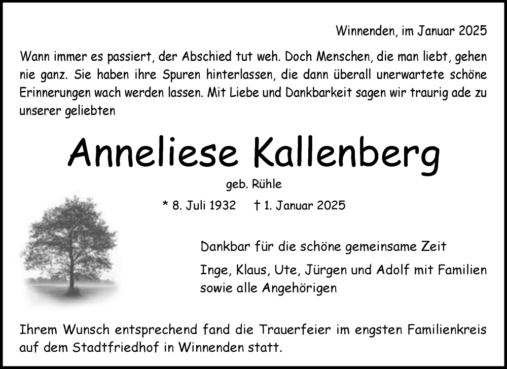  Traueranzeige für Anneliese Kallenberg vom 25.01.2025 aus Waiblinger Kreiszeitung