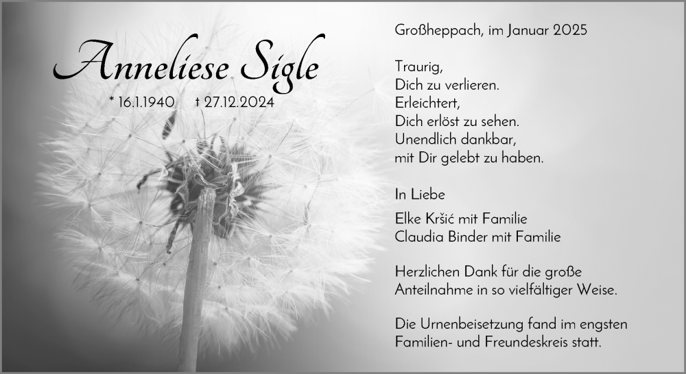  Traueranzeige für Anneliese Sigle vom 20.01.2025 aus Waiblinger Kreiszeitung