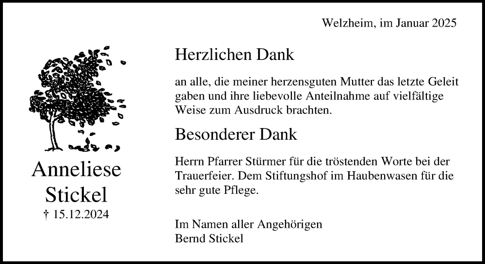  Traueranzeige für Anneliese Stickel vom 07.01.2025 aus Waiblinger Kreiszeitung