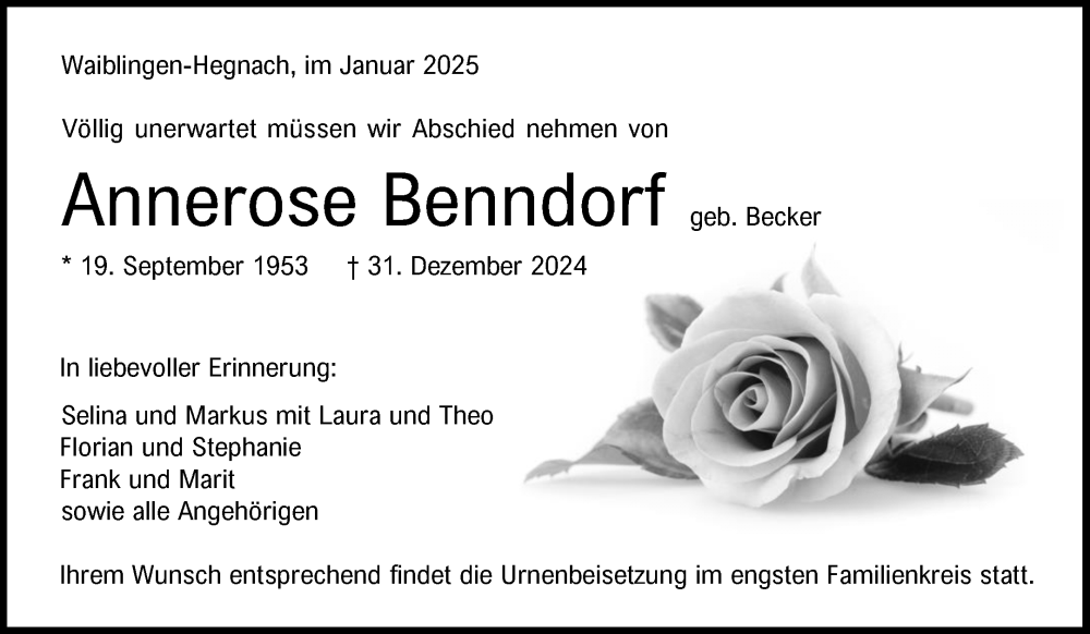 Traueranzeige für Annerose Benndorf vom 08.01.2025 aus Waiblinger Kreiszeitung
