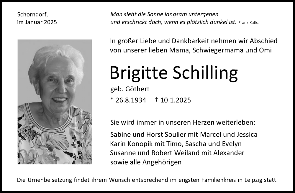  Traueranzeige für Brigitte Schilling vom 18.01.2025 aus Waiblinger Kreiszeitung