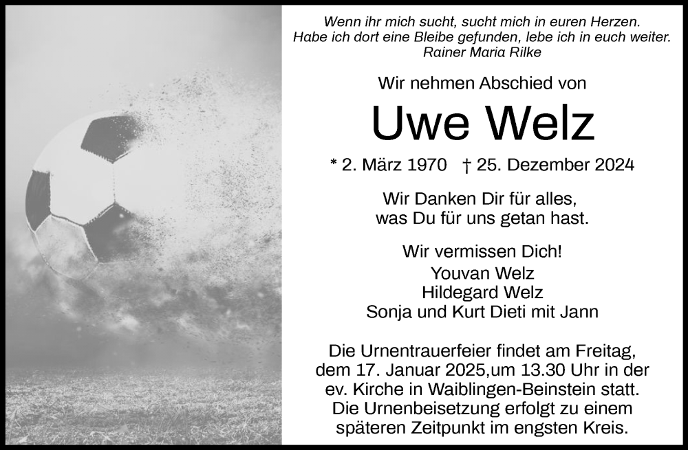  Traueranzeige für Uwe Welz vom 10.01.2025 aus Waiblinger Kreiszeitung