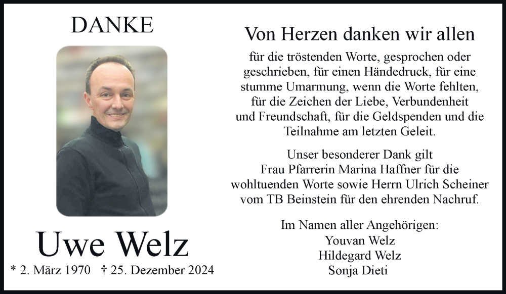  Traueranzeige für Uwe Welz vom 31.01.2025 aus Waiblinger Kreiszeitung