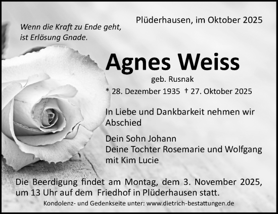 Traueranzeige von Agnes Weiss von Waiblinger Kreiszeitung
