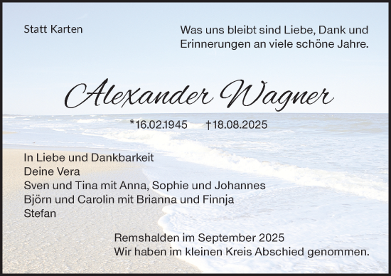 Traueranzeige von Alexander Wagner von Waiblinger Kreiszeitung